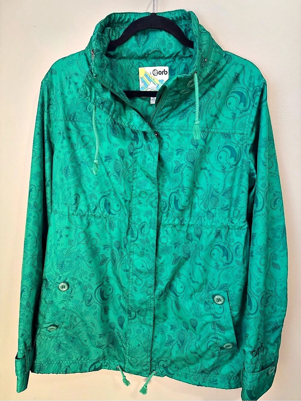 ORB Women's Green Paisley Print Hooded Lightweight Rain Jacket LARGE L